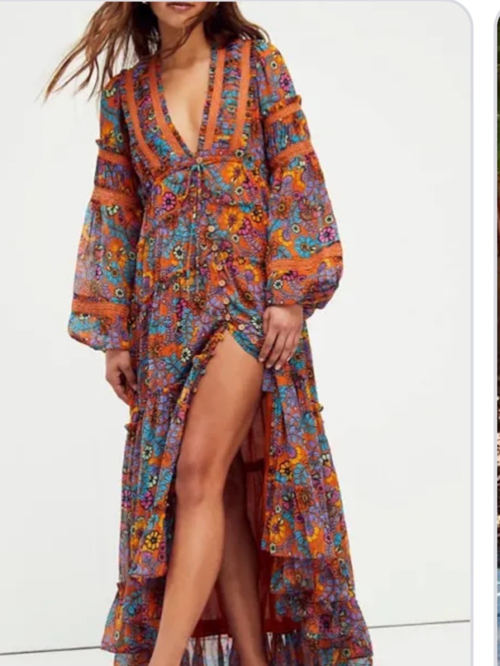 Free People Orange Multi Floral Maxi Dress with Deep V